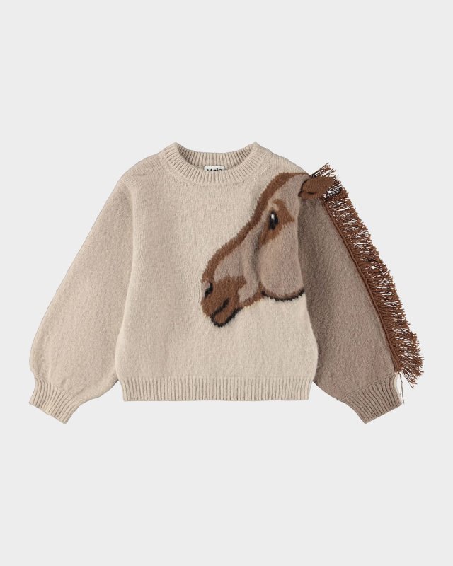 Girl's Gisela Wool Horse Fringe Sweater, Size 0M